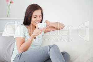 Cute dark-haired woman drinking tea