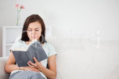 Cute dark-haired woman reading a book