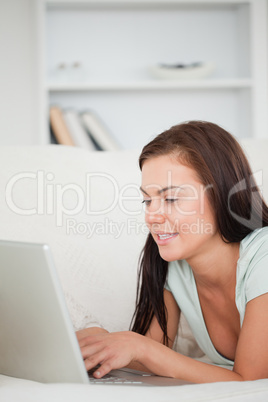 Portrait of a cute brunette on a sofa using a laptop