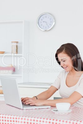 Young brunette using her laptop and having a tea