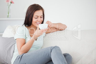 Cute dark-haired woman drinking tea