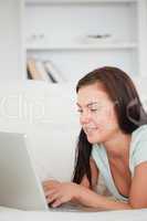 Portrait of a cute brunette on a sofa using a laptop