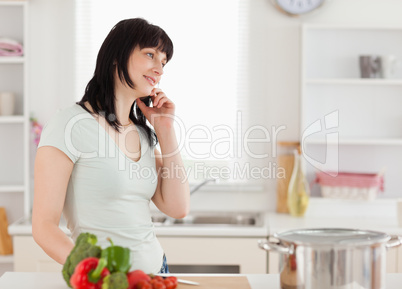 Attractive brunette woman on the phone while standing