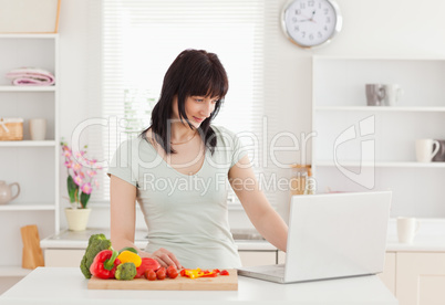 Good looking brunette woman relaxing with her laptop while stand
