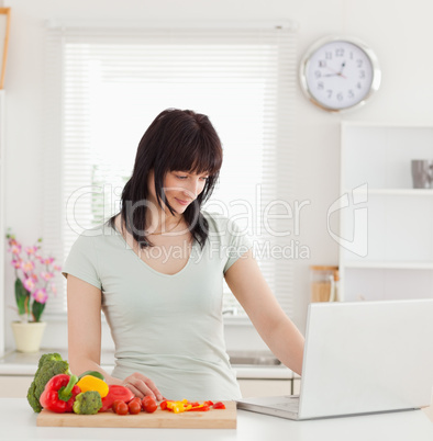 Attractive brunette woman relaxing with her laptop while standin