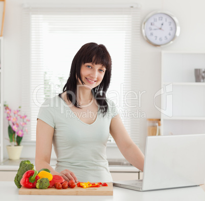 Beautiful brunette woman relaxing with her laptop while standing