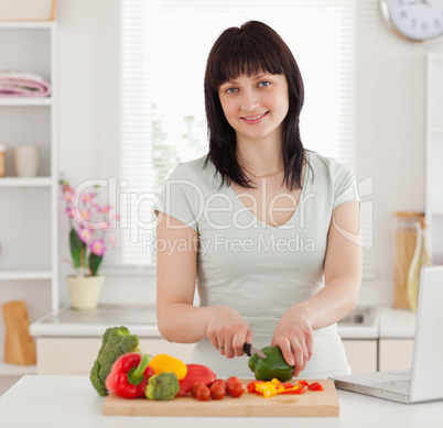 Pretty brunette woman cooking while relaxing with her laptop