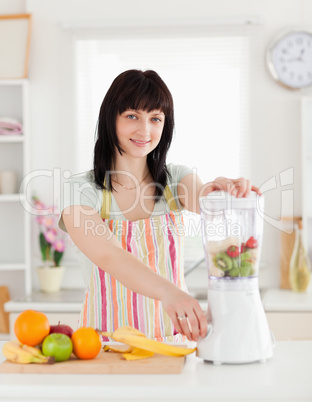 Beautiful brunette woman using a mixer while standing