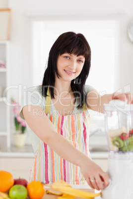 Good looking brunette woman using a mixer while standing