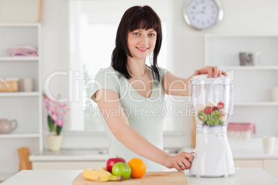 Charming brunette woman using a mixer while standing