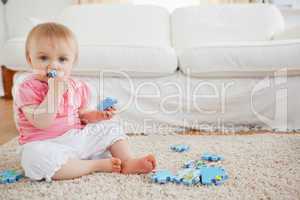 Cute baby playing with puzzle pieces while sitting on a carpet