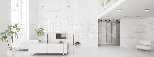 Modern interior of white apartment panorama 3d render