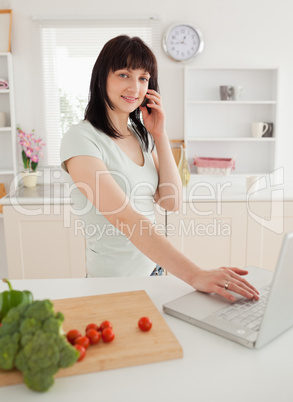 Attractive brunette female on the phone while relaxing with her