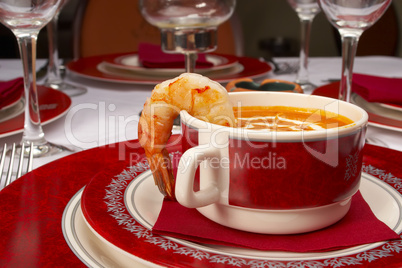 Tasty soup on a table at restaurant