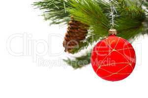 Christmas fur-tree on a white background with a ball
