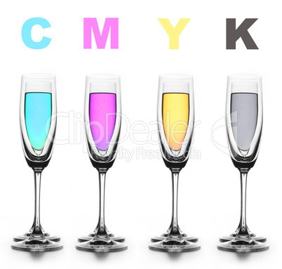 Four glasses with a different liquid on color. CMYK.