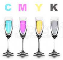 Four glasses with a different liquid on color. CMYK.