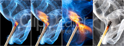 Photo of a burning match in a smoke on a black background