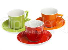 Three multi-coloured cups on a white background