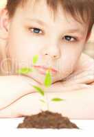 The boy observes cultivation of a young plant.