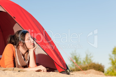 Camping happy woman relax tent on beach