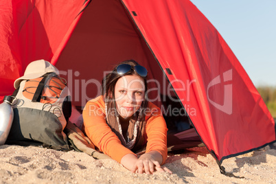 Camping happy woman relax tent on beach