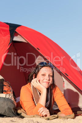 Camping happy woman relax tent on beach