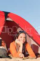 Camping happy woman relax tent on beach
