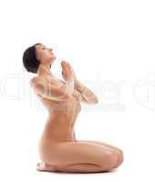 happy nude woman smile in yoga exercise isolated