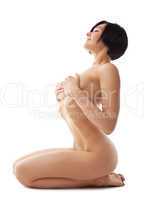happy nude woman sit in yoga pose isolated