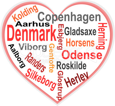 denmark Heart and words cloud with larger cities