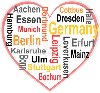 Germany Heart and words cloud with larger cities