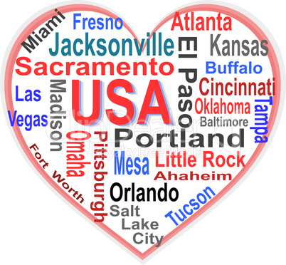 USA Heart words cloud with larger american cities