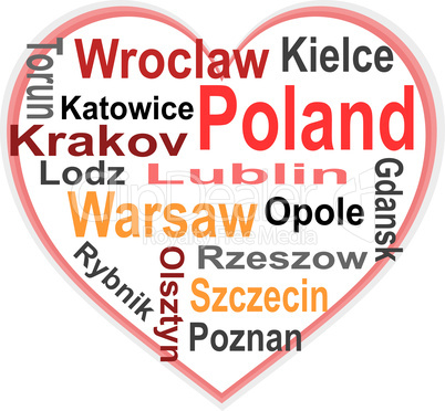 Poland Heart and words cloud with larger cities