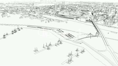 Aerial view of sea city wire model