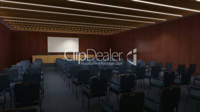 A conference hall with a white screen closing. Alpha channel is included.