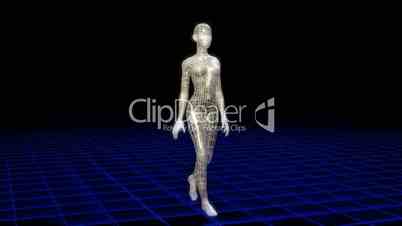 Wireframe woman walking viewed from all angles, seamless looping video.