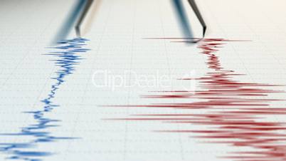Close view of a seismograph with two arrows drawing with red and blue ink.