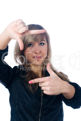 Girl showing frame sign