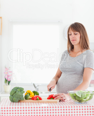 Pretty pregnant woman posing while cooking vegetables