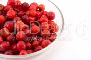 glass bowl with cranberries isolated on white