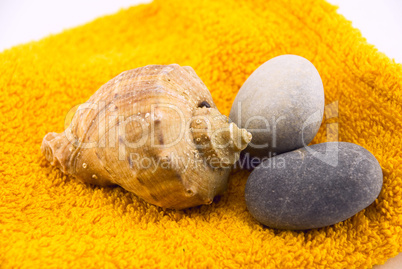 shells and stones on the towel isolated on white