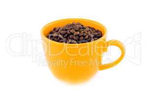 cup with coffee beans isolated on white