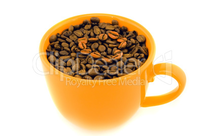 cup with coffee beans isolated on white