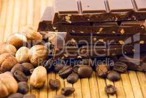 chocolate and nuts on a bamboo mat