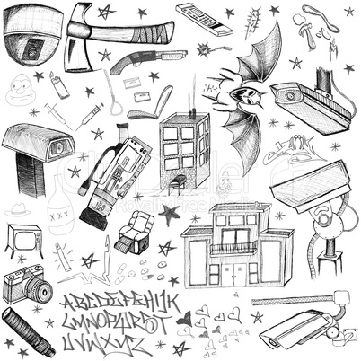 Hand Drawn doodle elements - cameras, drugs, weapons