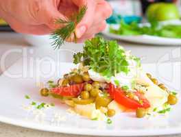 chef decorate plate with food
