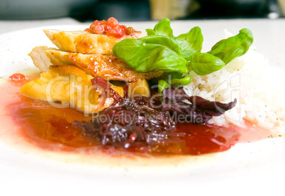 roasted turkey fillet with cranberry sauce and rice