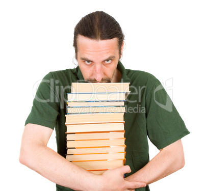 man holding stack of books