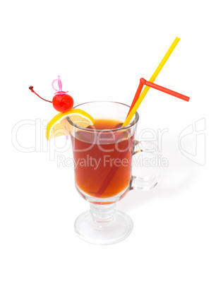 cocktail decorated with cherry and lemon